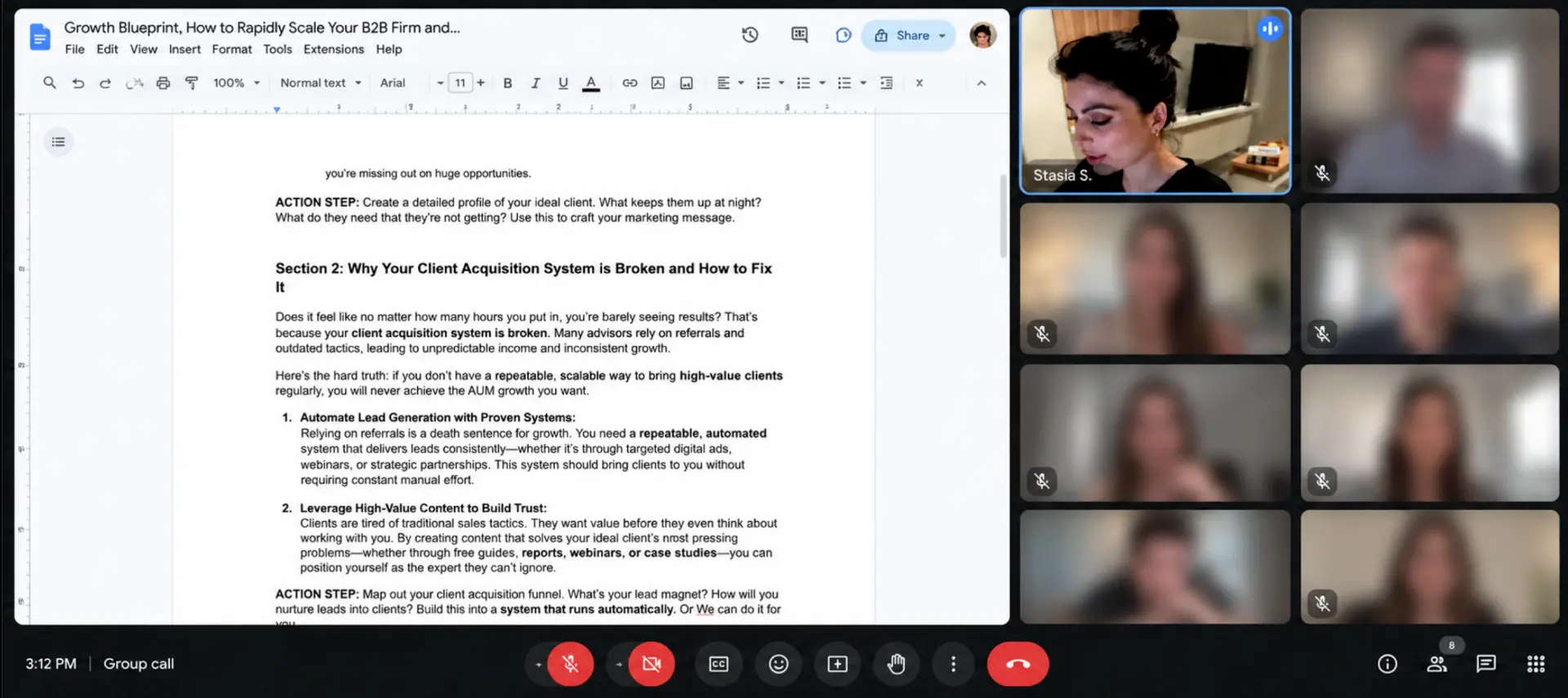 Stasia presenting her Growth Blueprint on a group call